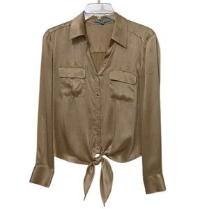 Antonio Melani Gold Silk Button Up Tie Front Blouse Top Womens Size XS
